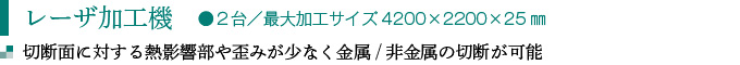 レーザ加工機　●２台／最大加工サイズ4200×2200×25㎜
切断面に対する熱影響部や歪みが少なく金属/非金属の切断が可能