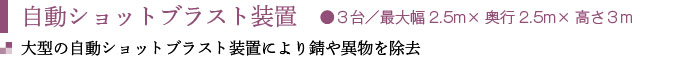 自動ショットブラスト装置　●３台／最大幅2.5m×奥行2.5m×高さ３m
大型の自動ショットブラスト装置により錆や異物を除去